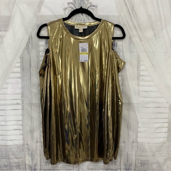 Michael Kors Gold Black Long Sleeve Cold Shoulder Shirt Long Sleeve Blouse Foil - Picture 6 of 12